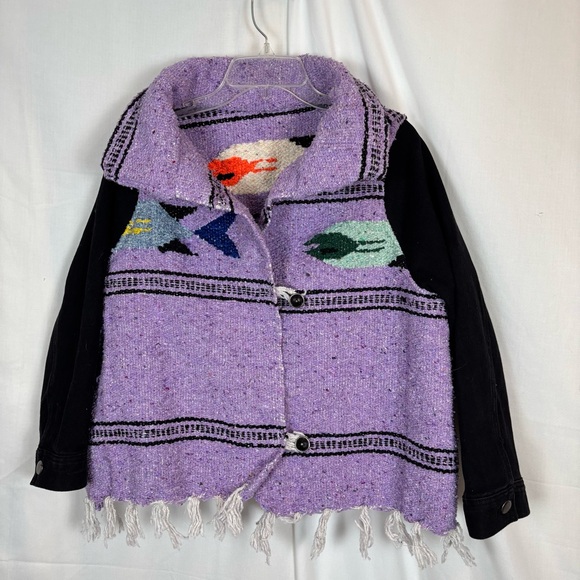 L-3X Lavender Jacket with Fish Imagery and Black Denim Sleeves Handmade - Picture 1 of 12